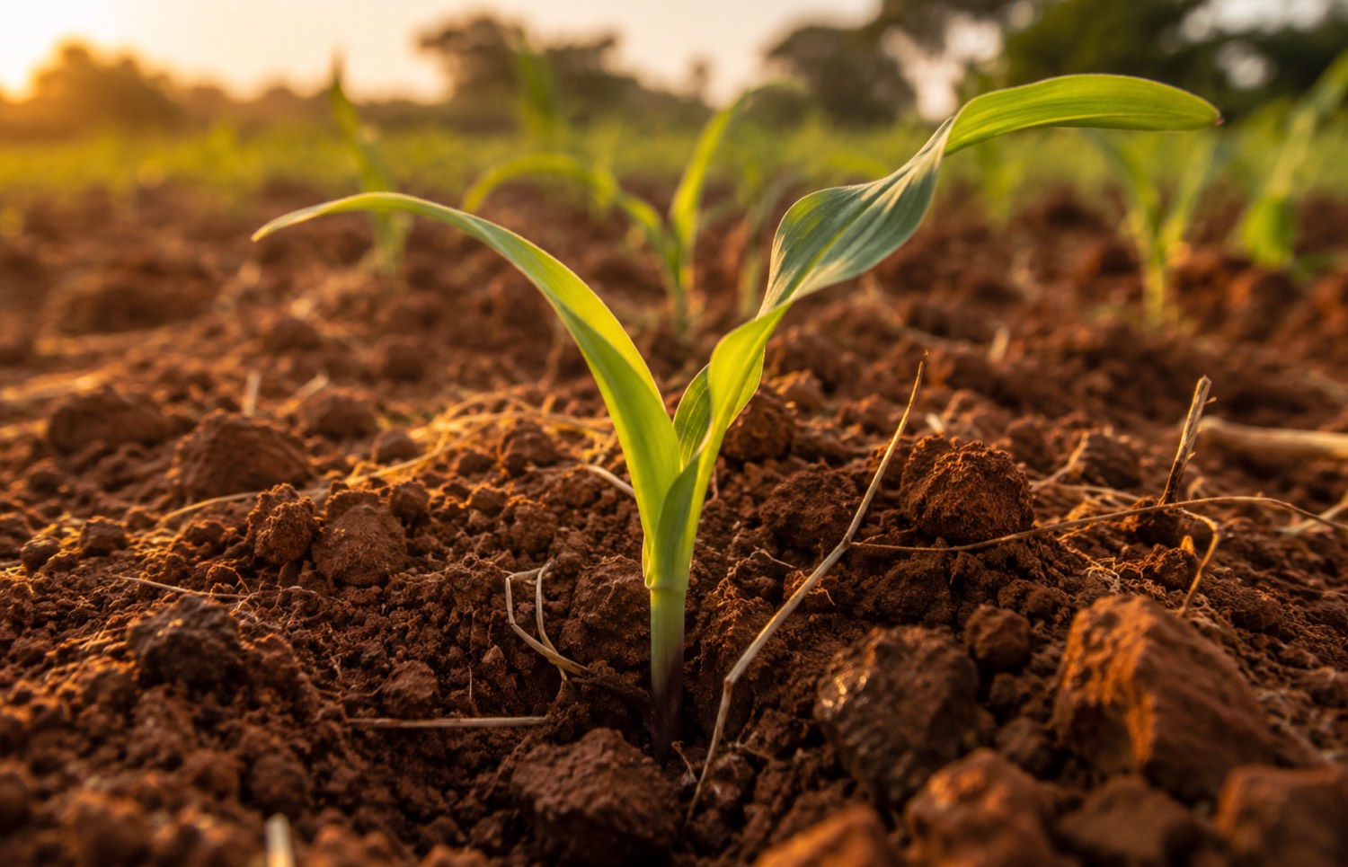 A young maize seedling pushing through red Ghanaian soil at golden hour